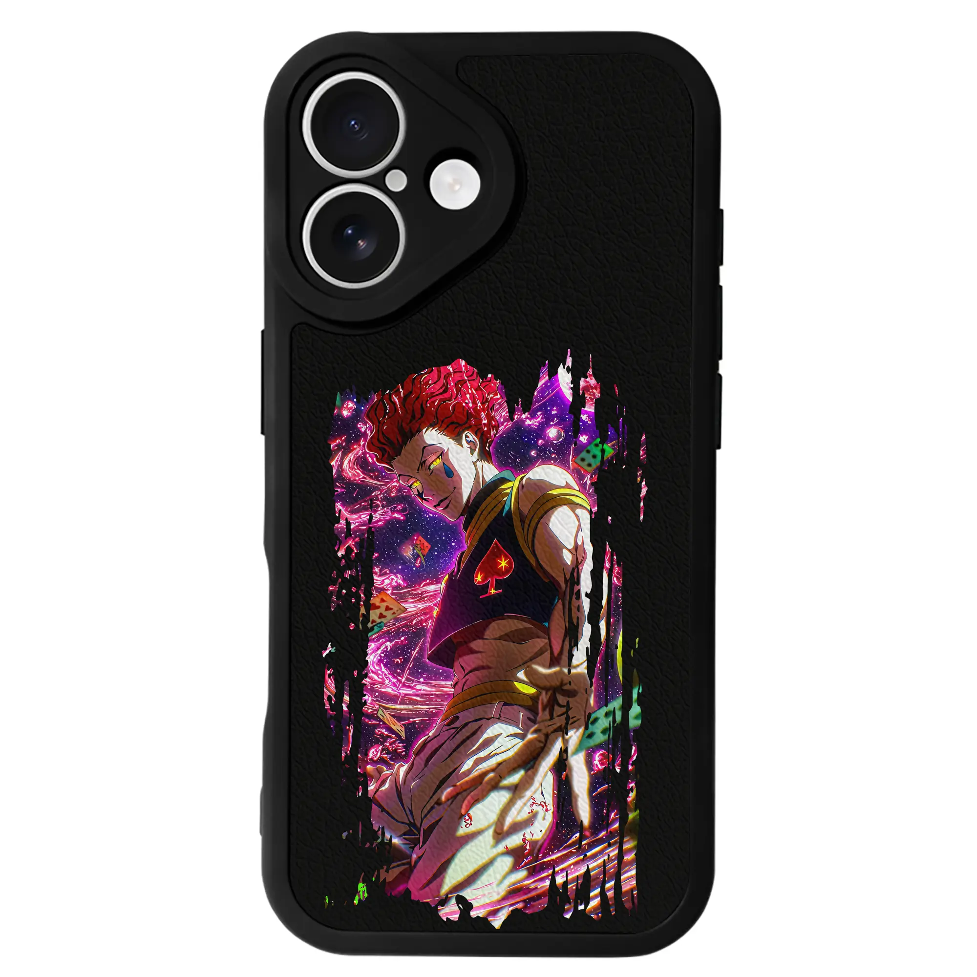 ハンター×ハンター グッズ ヒソカ＝モロウ - IPhone 16シリーズ対応 ・ シリコンスマホケース ・ レザー調 ・ 高精度フィット ・ 耐衝撃 ・ ワイヤレス充電対応 ・ 精密カット